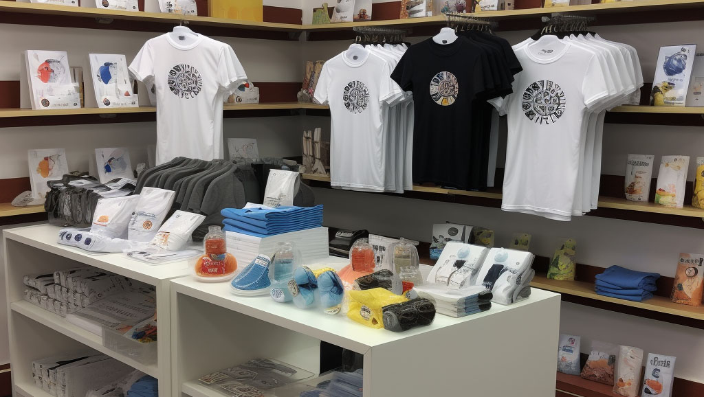 Variedad de Merchandising Personalizado en Estanterías y Mesa - Triomf Digital